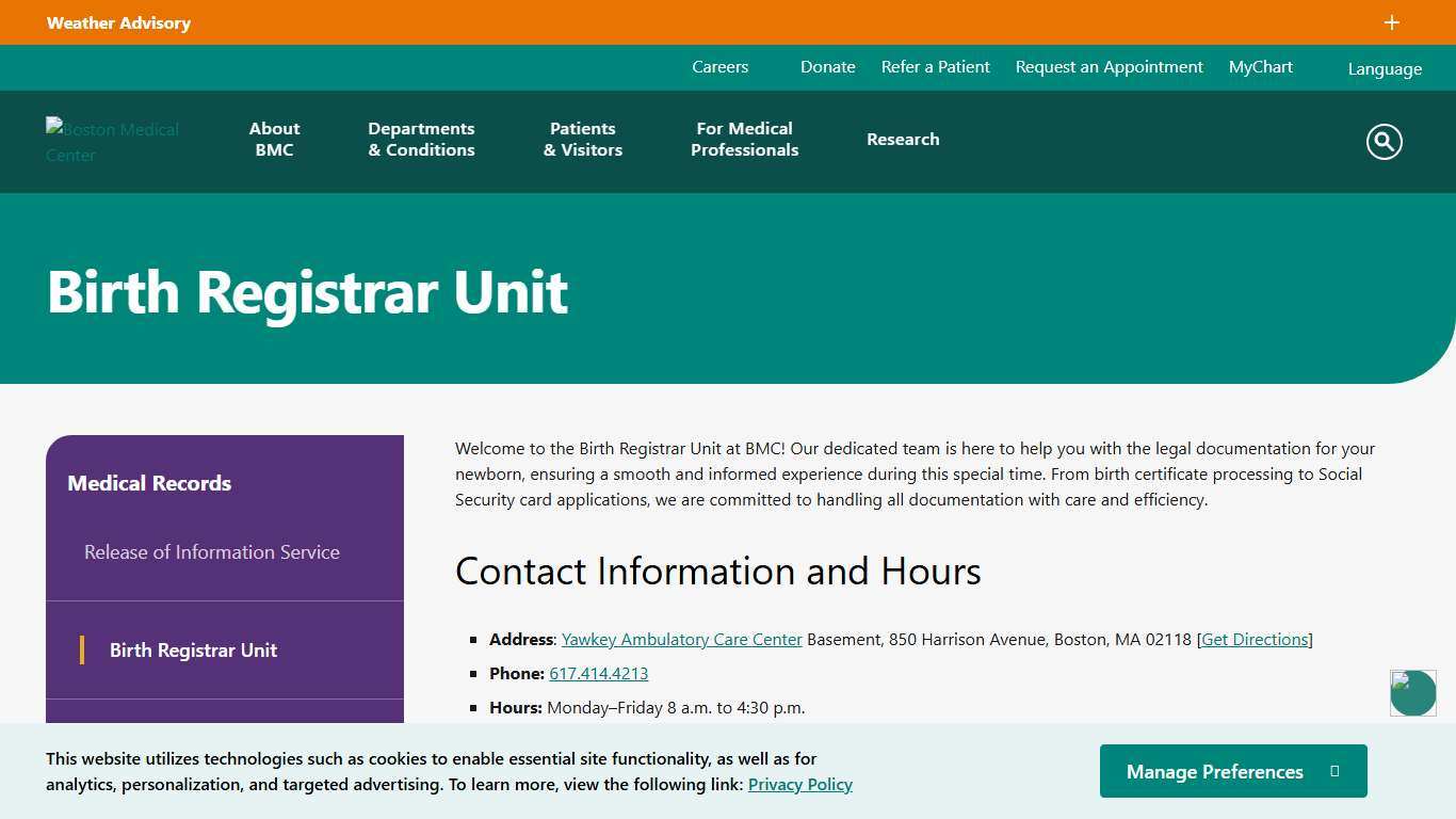Birth Registrar Unit Boston Medical Center