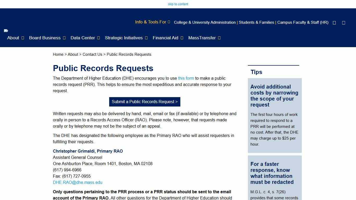 Public Records Requests / About / Massachusetts Department of Higher Education